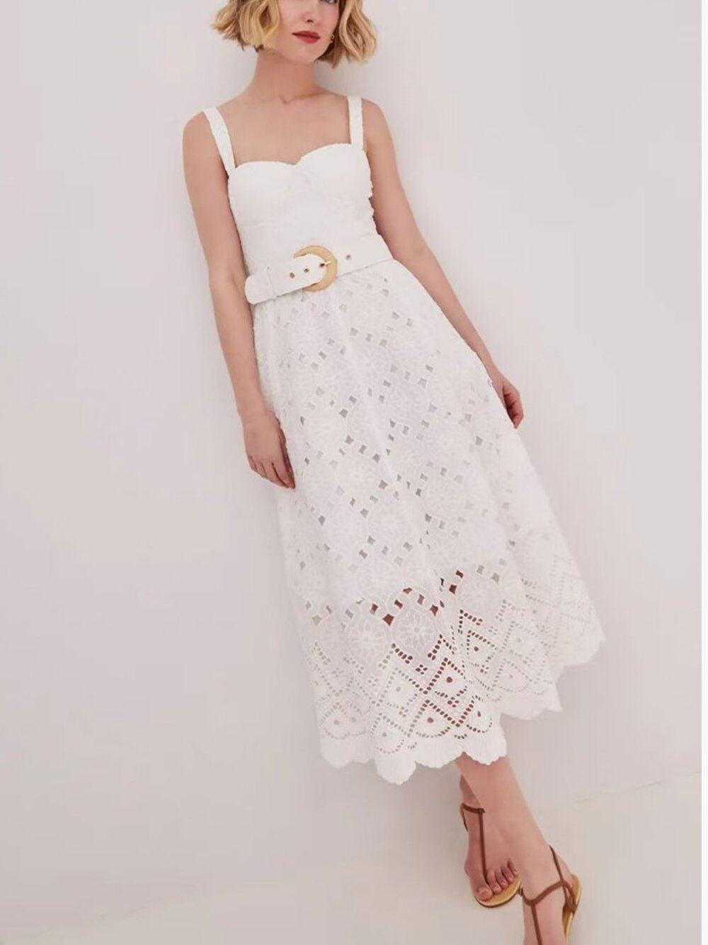 Cara Cara NYC Calypso Midi Dress 00/2/4/6 Trellis Eyelet White Bustier Cotton